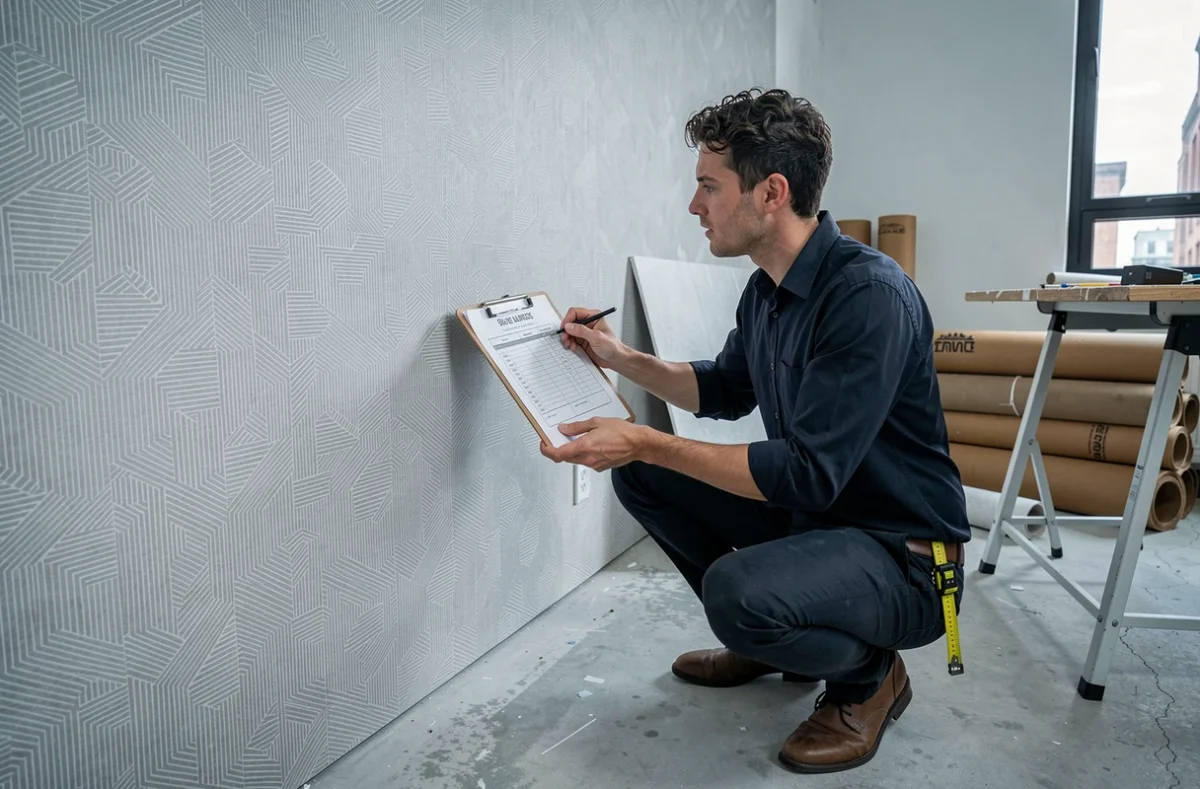 Décorateur d'intérieur évaluant un projet de pose de papier peint avec un devis budgétaire dans un appartement en rénovation