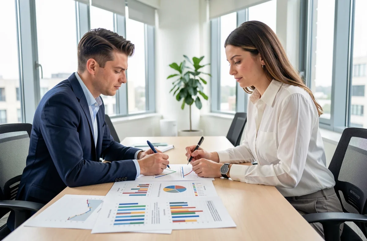 Deux collègues analysant les indicateurs de recrutement sur un tableau de bord