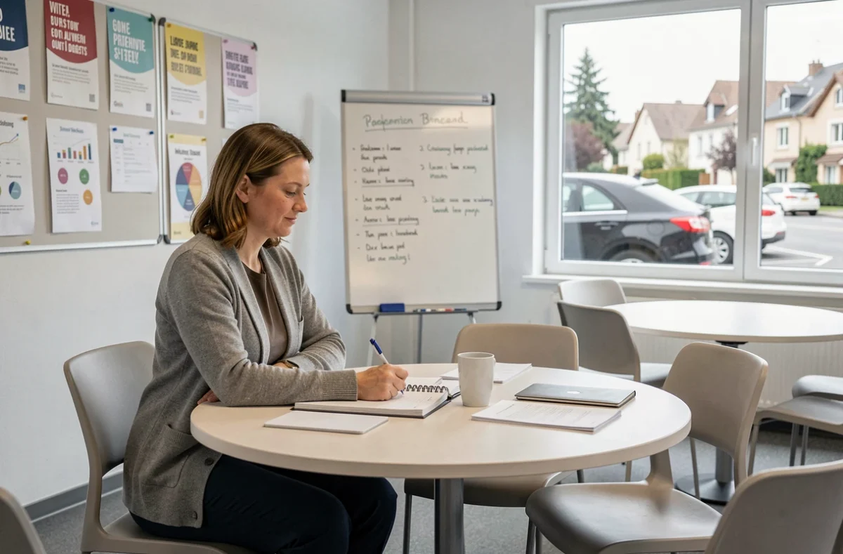 Adulte en formation professionnelle continue chez Dijon Formation, prenant des notes lors d'un atelier