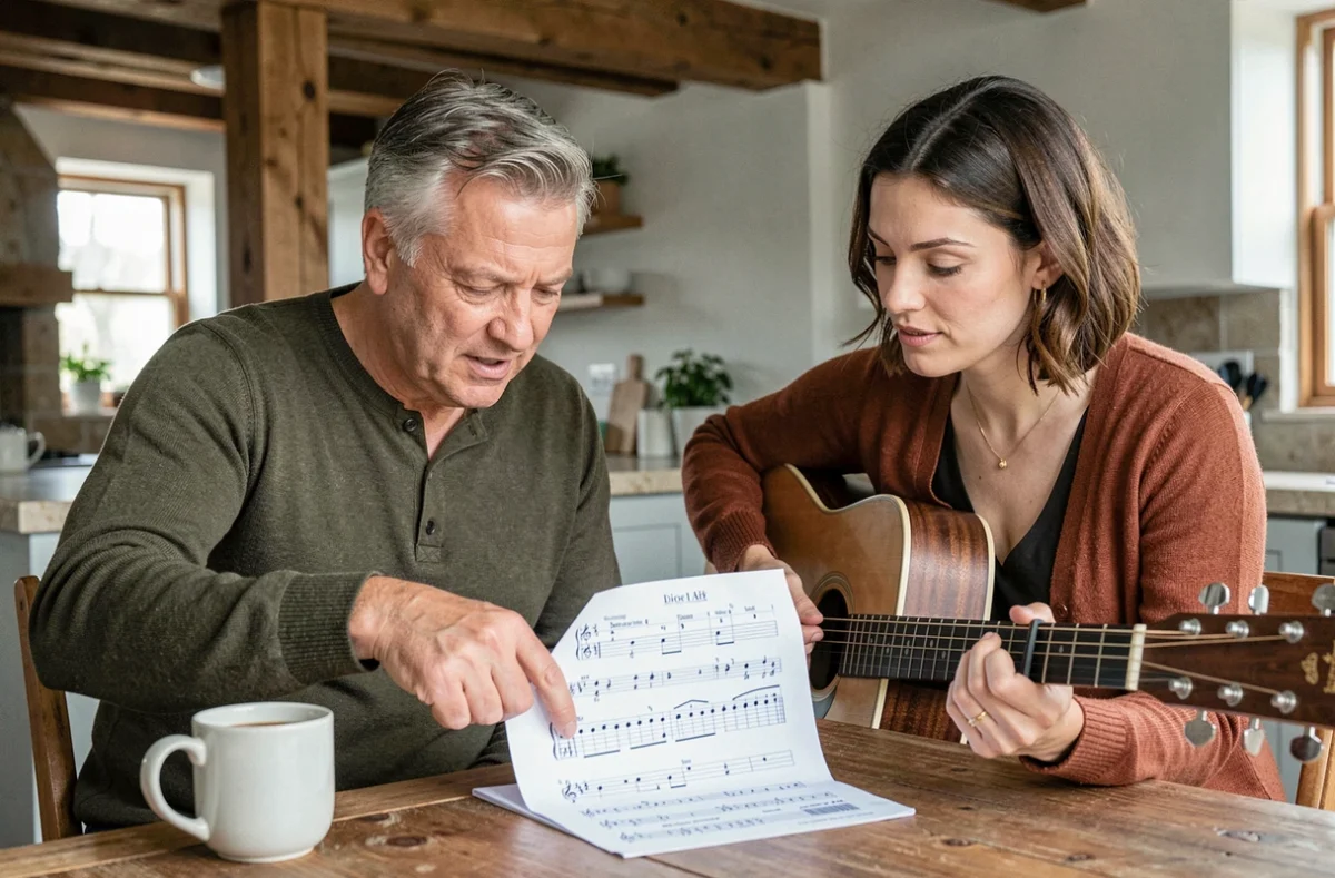 Deux musiciens adultes collaborant sur une tablature de guitare de Let It Be autour d'une table en bois dans une cuisine