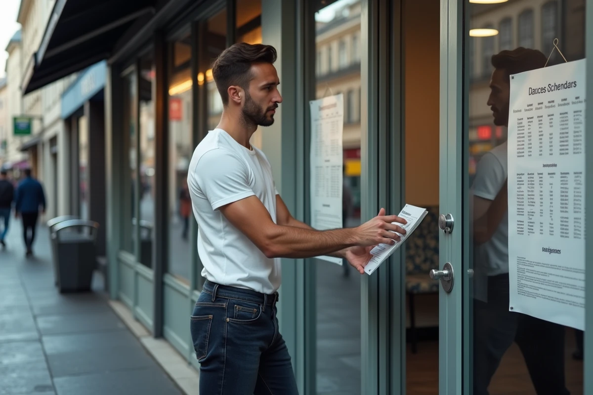 Homme consultant les tarifs et horaires d'une école de danse près d'une station de métro à Lille