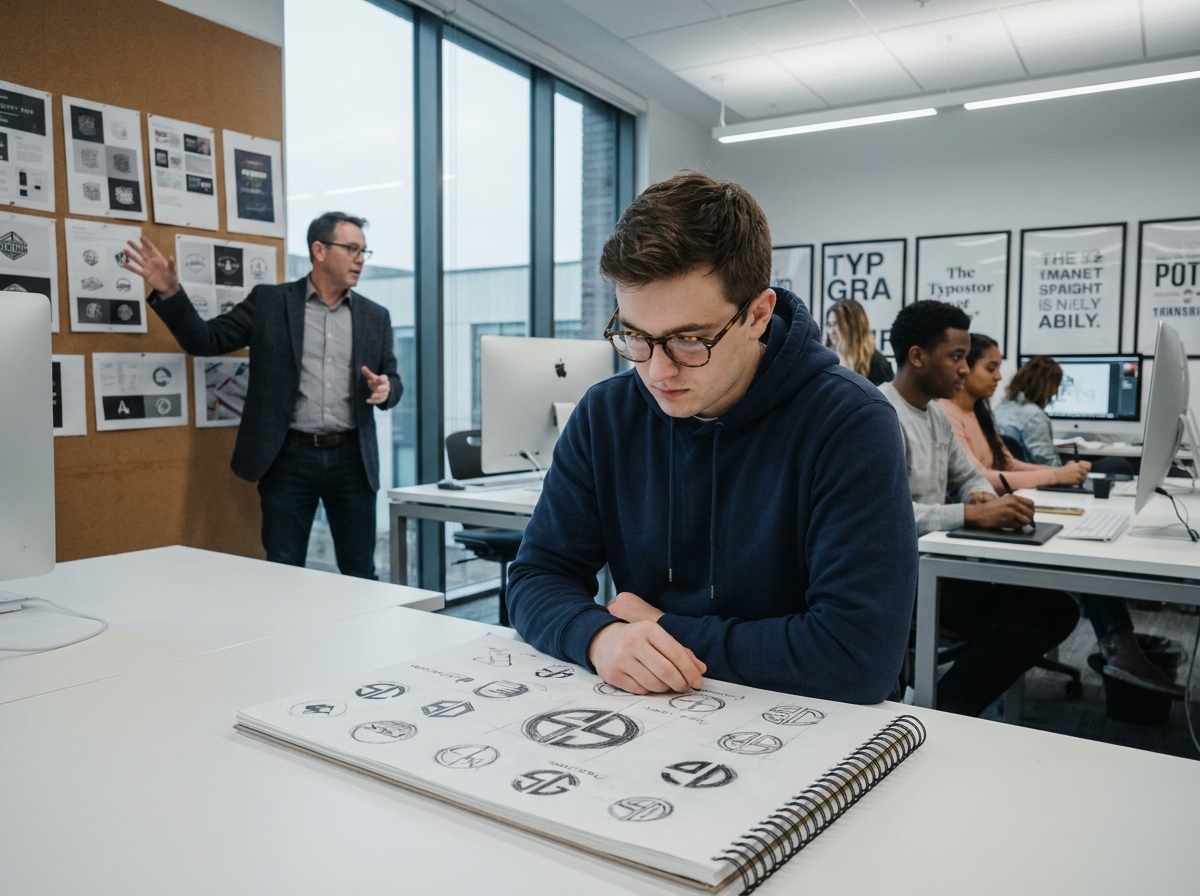 Étudiant en école de graphisme esquissant des logos dans une salle de cours moderne avec travaux affichés au mur
