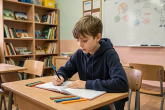 Élève en classe ULIS concentré sur son travail dans une salle spécialisée adaptée aux troubles des apprentissages