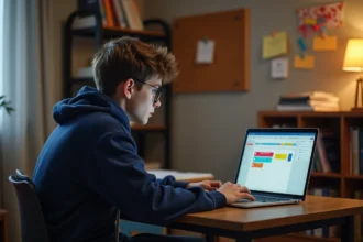 Élève consultant son emploi du temps sur l'ENT45 depuis un ordinateur portable dans sa chambre