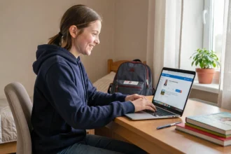 Collégienne utilisant l'ENT Cholet sur son ordinateur portable dans sa chambre pour consulter ses cours en ligne