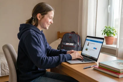 Collégienne utilisant l'ENT Cholet sur son ordinateur portable dans sa chambre pour consulter ses cours en ligne