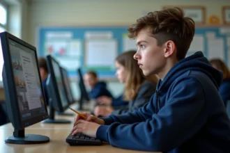 Élève adolescent concentré sur un examen ASSR en salle informatique scolaire
