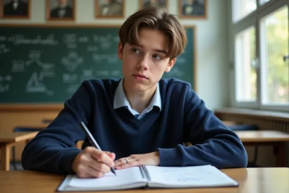 Jeune lycéen concentré en train de résoudre des problèmes de trigonometrie
