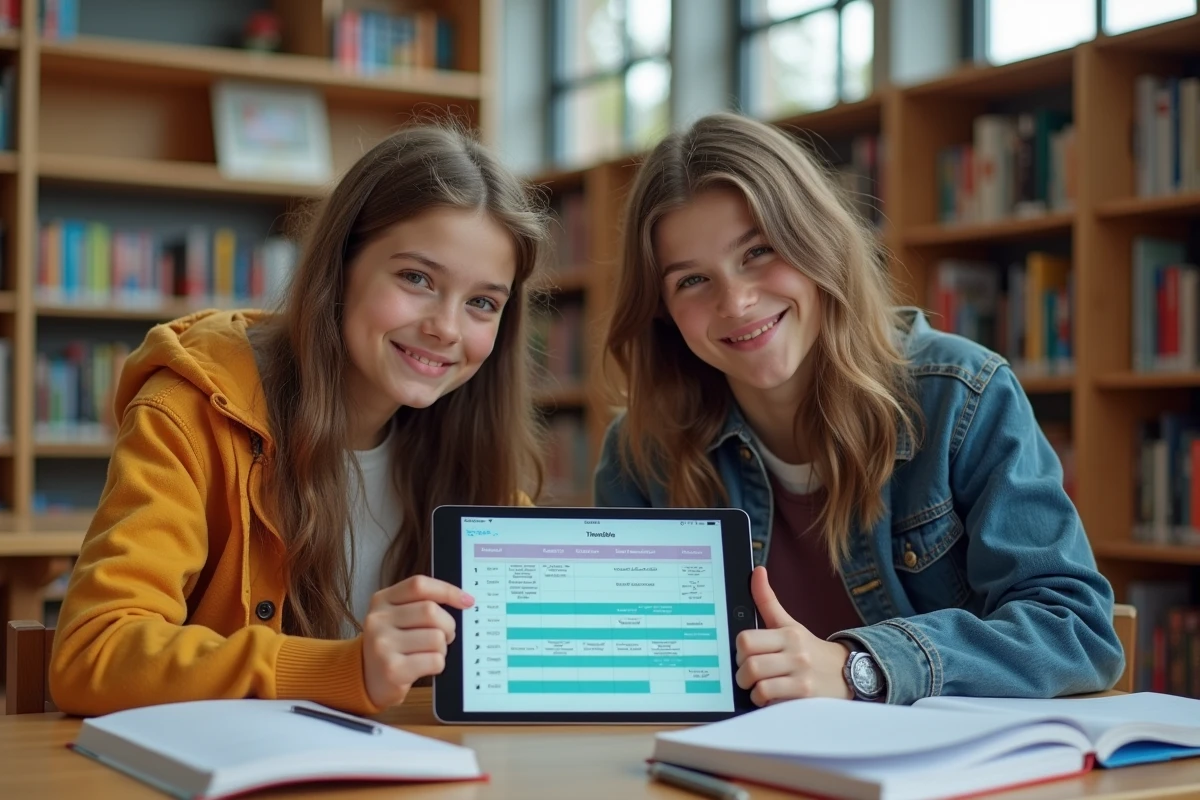 Deux élèves organisant leur emploi du temps ENT45 sur tablette dans une bibliothèque scolaire