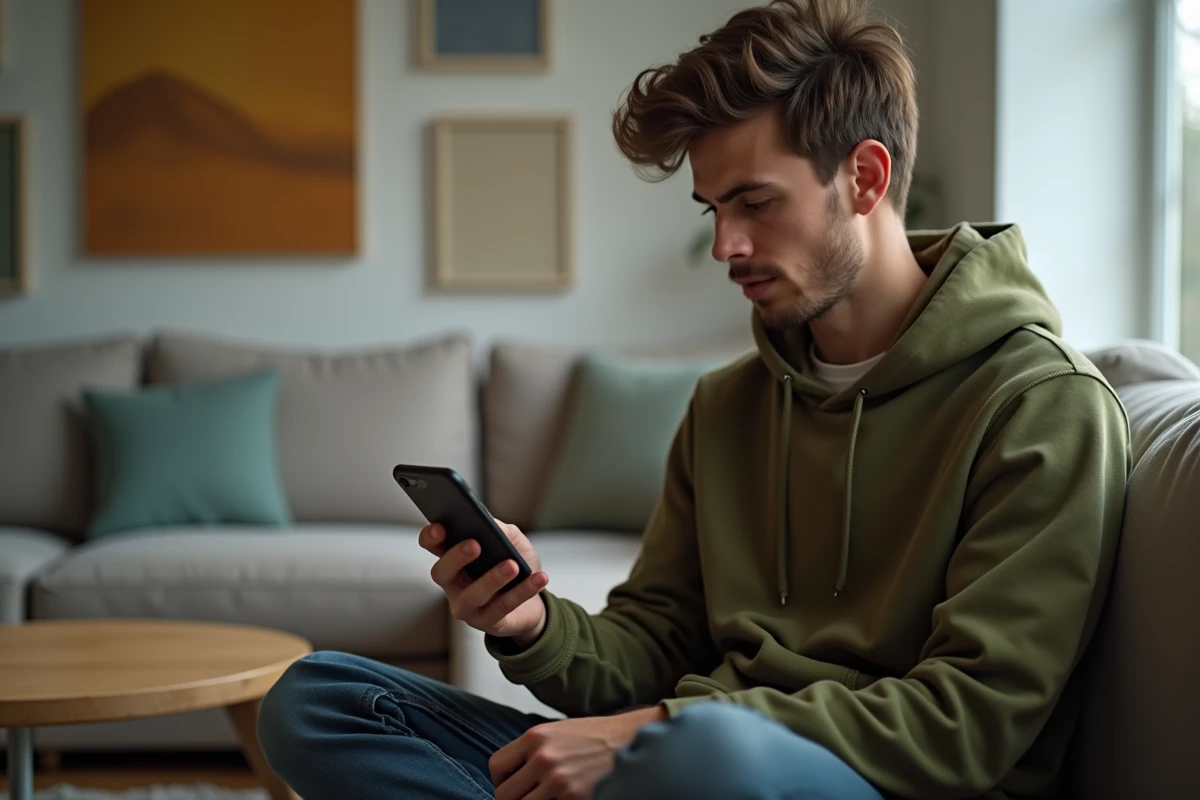 Jeune personne consultant un email de récupération de mot de passe sur smartphone dans un salon