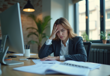 Employe inquiet au bureau avec papiers et ordinateur