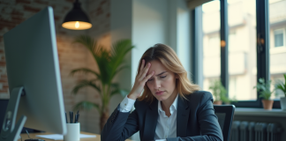 Employe inquiet au bureau avec papiers et ordinateur