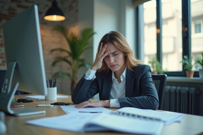 Employe inquiet au bureau avec papiers et ordinateur