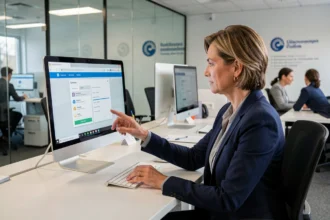 Employée de l'administration utilisant le portail ArenA ac Amiens sur son ordinateur dans un bureau moderne
