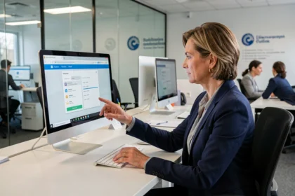 Employée de l'administration utilisant le portail ArenA ac Amiens sur son ordinateur dans un bureau moderne