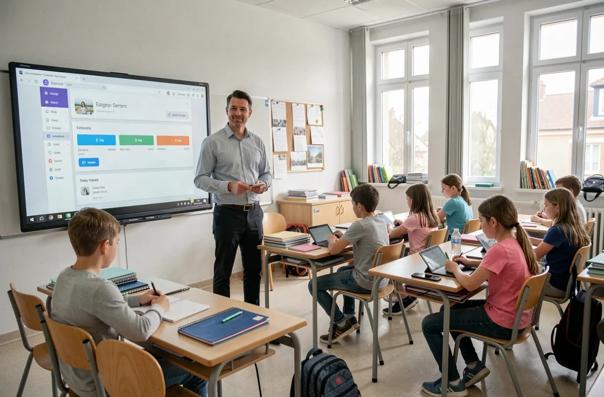 Enseignant présentant l'ENT Cholet sur tableau blanc interactif devant des élèves en classe au collège