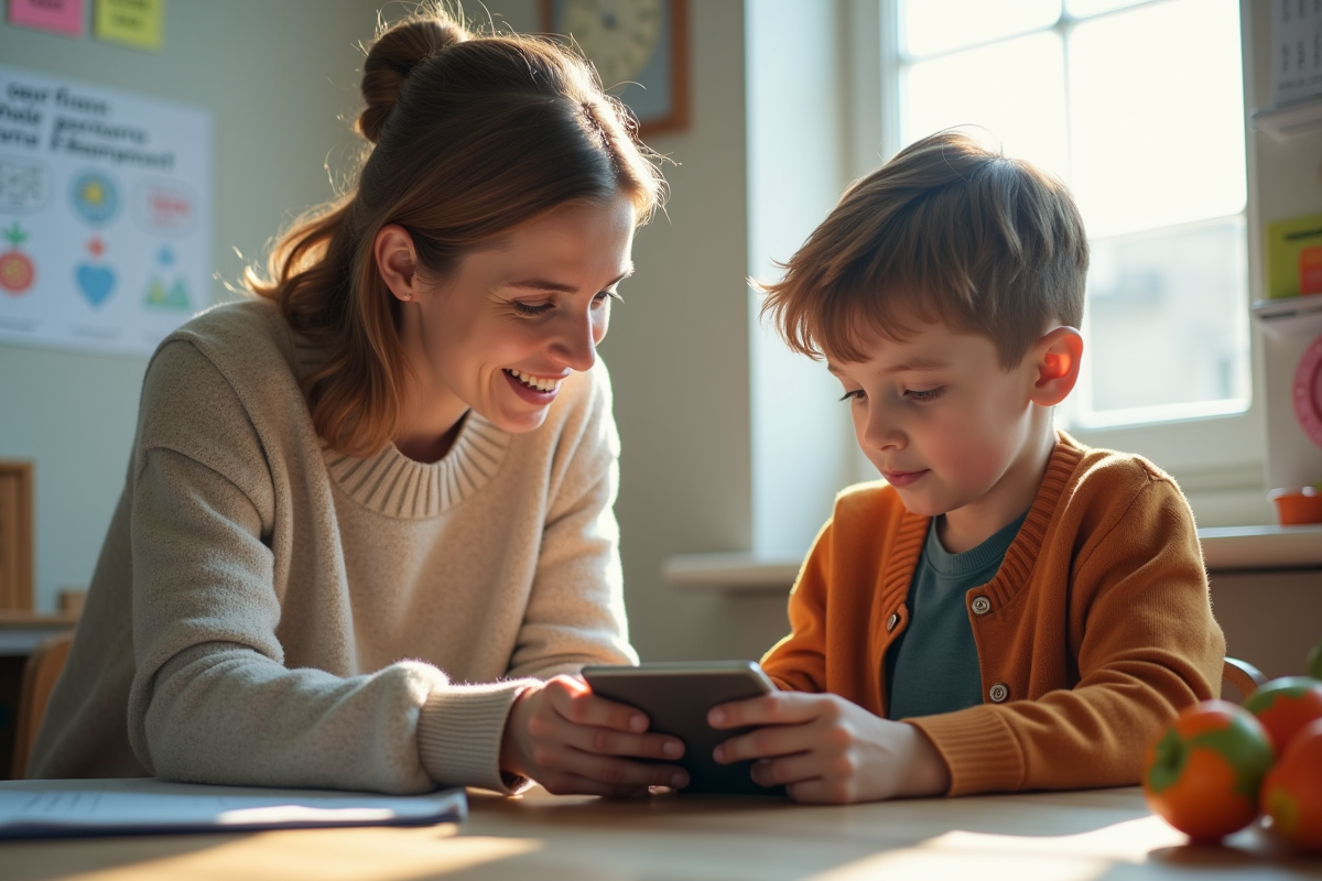 Enseignante guidant un élève avec une tablette en classe