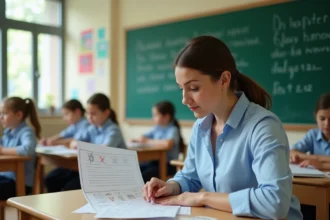 Enseignante corrigeant un texte de lecture pour CE1 à son bureau en classe