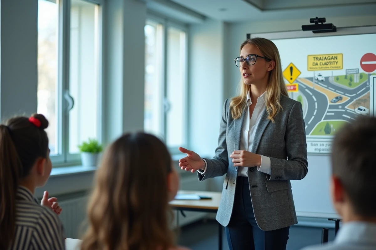 Enseignante expliquant les règles de sécurité routière pour la préparation à l'ASSR en classe