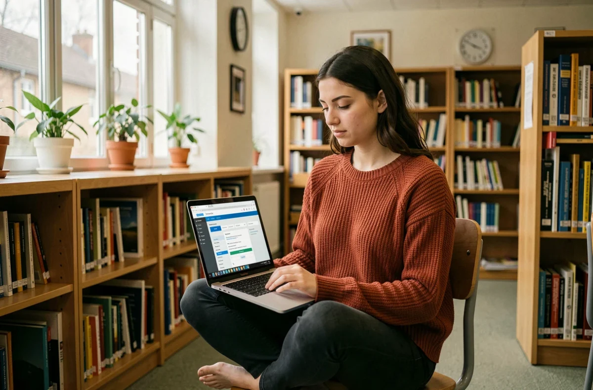 Jeune enseignante accédant au portail RH de l'académie d'Amiens depuis une bibliothèque scolaire
