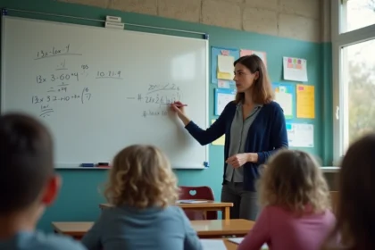 Enseignante de primaire écrivant au tableau dans une salle de classe française, illustrant le métier de professeur des écoles après le concours