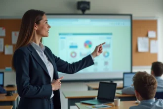 Enseignante présentant la plateforme SCOLAWEB sur tableau interactif en salle de classe moderne