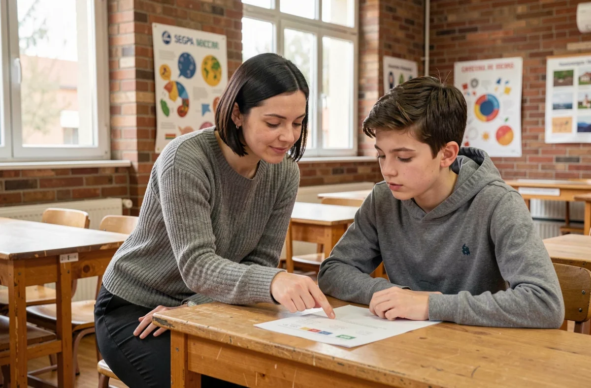 Enseignante spécialisée SEGPA accompagnant un élève en difficulté scolaire avec un suivi individualisé