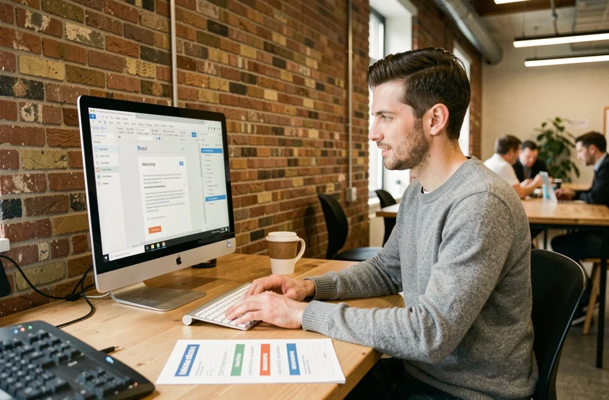 Entrepreneur masculin créant une newsletter dans un espace de coworking, avec une fiche de comparaison de prix d'abonnement emailing posée sur son bureau