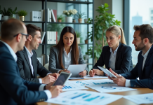 Groupe de professionnels en réunion dans un bureau moderne