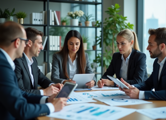 Groupe de professionnels en réunion dans un bureau moderne