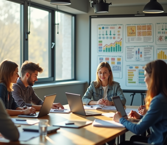 Groupe de jeunes professionnels collaborant dans un bureau lumineux