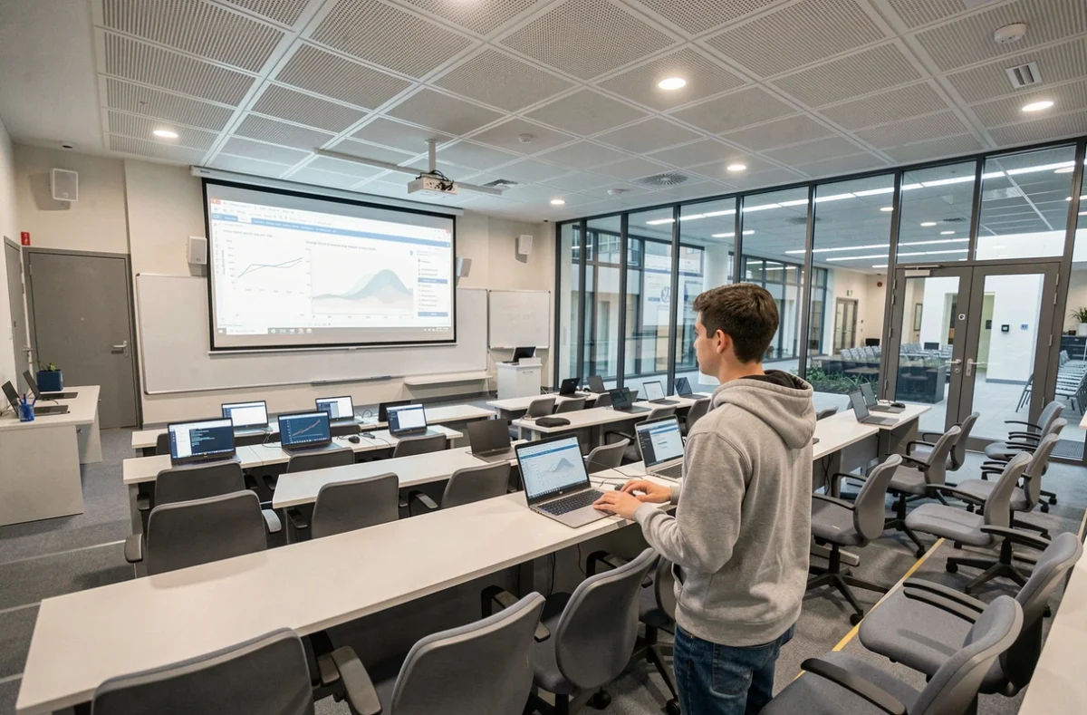 Étudiant en formation numérique à l'ESARC Dijon dans un amphithéâtre moderne équipé d'écrans de projection