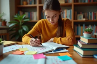 Jeune femme étudiant la conjugaison de l'imparfait espagnol avec des fiches colorées et un cahier de conjugaison sur un bureau en bois