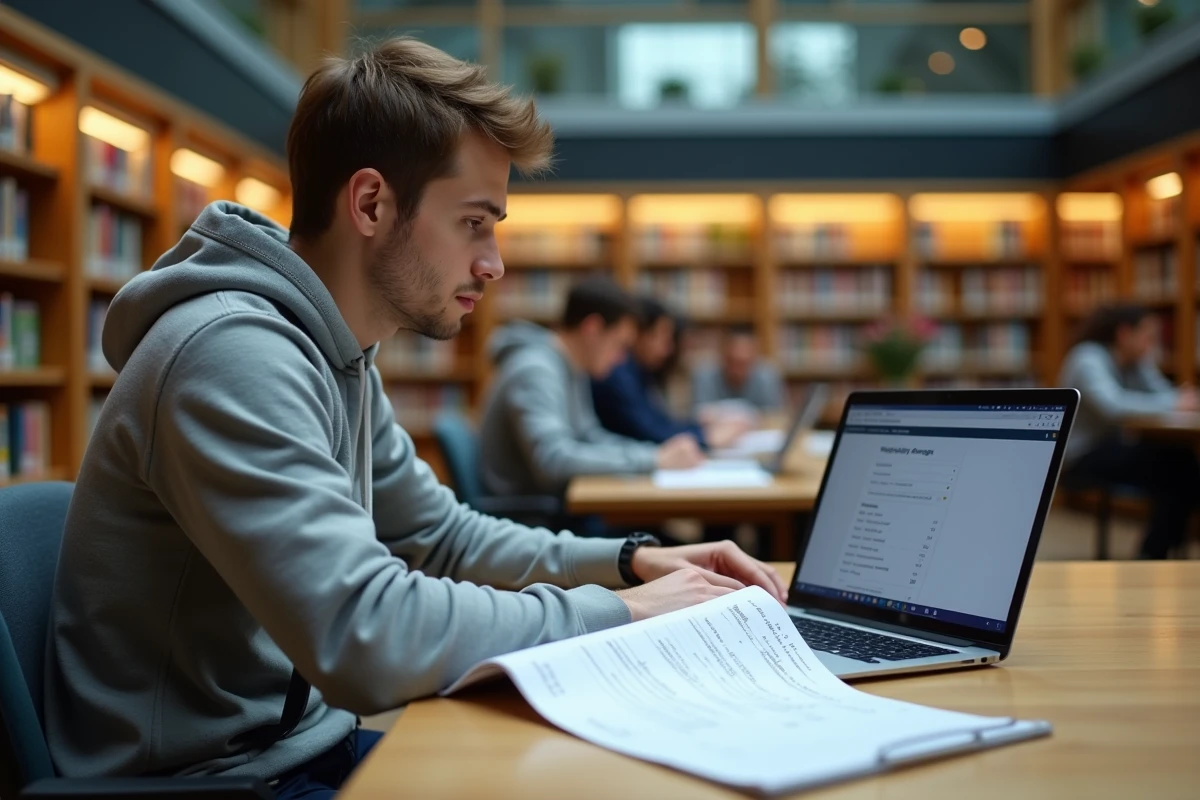 Étudiant universitaire calculant sa moyenne avec coefficients sur un tableau Excel dans une bibliothèque universitaire