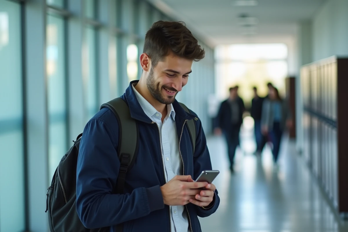 Étudiant consultant son dossier administratif sur smartphone dans un couloir universitaire