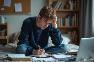 Etudiant inquiet avec livres et ordinateur en panne