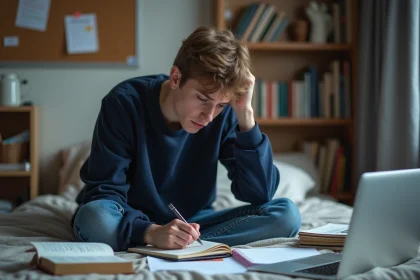 Etudiant inquiet avec livres et ordinateur en panne