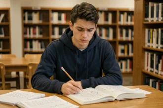 Étudiant concentré révisant les décimales de Pi avec des notes mathématiques sur un bureau de bibliothèque universitaire