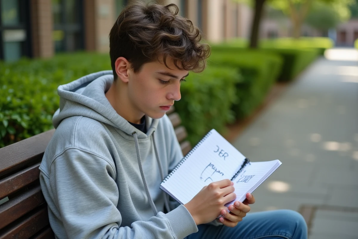 Étudiant adolescent révisant ses notes manuscrites sur la conjugaison du verbe SER en espagnol sur un banc de campus