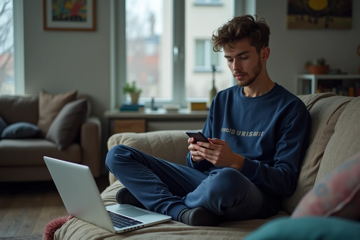 Étudiant naviguant sur une application de shopping en ligne sur son smartphone dans un appartement partagé