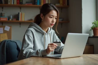 Étudiante effectuant un achat en ligne avec sa carte bancaire sur son ordinateur portable dans une chambre d'université