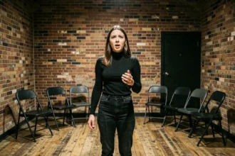Jeune étudiante en art dramatique répétant un monologue sur scène dans une salle de cours du Cours Florent