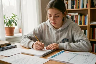 Étudiante calculant des moyennes avec coefficients dans un cahier, entourée de notes de cours dans sa chambre universitaire