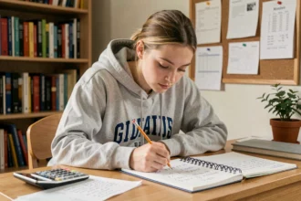 Étudiante calculant sa moyenne générale avec des notes et coefficients écrits dans un cahier sur un bureau en bois