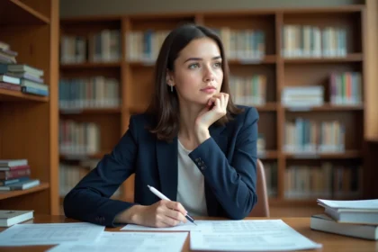 Étudiante en école de commerce consultant le classement SIGEM 2026 avec des brochures d'écoles sur un bureau de bibliothèque universitaire