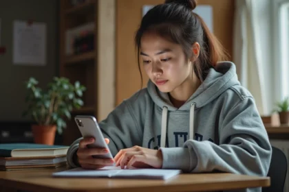 Étudiante connectée à son espace académique PIA Orléans Tours sur smartphone depuis sa chambre universitaire