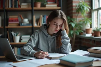 Étudiante déçue assise à son bureau entouré de documents scolaires, illustrant une déception liée à une école comme l'EEMI