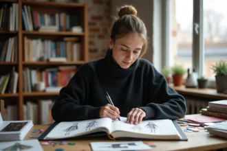 Étudiante en design mode préparant son dossier de candidature pour l'Esaa Duperré Paris avec ses croquis et planches créatives