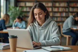 Étudiante utilisant un portail administratif en ligne dans une bibliothèque universitaire moderne