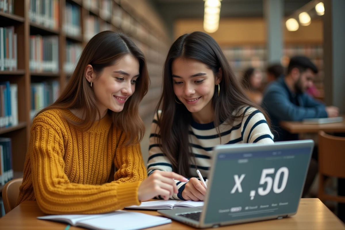 Deux étudiantes comparant des offres de réduction en ligne sur un ordinateur portable à la bibliothèque universitaire